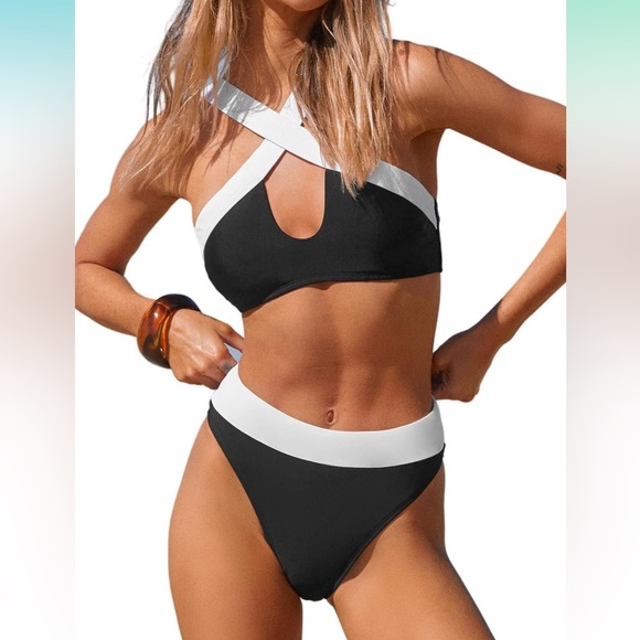 New! Black/White Colorblock Wrap Top & Extra Cheeky Bikini Swimsuit Size Large - Picture 7 of 12